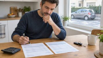 Assis à la table de sa cuisine, un homme pensif compare deux devis d'assurance auto imprimés, stylo en main, calculatrice et clés de voiture à côté, une citadine grise garée derrière la fenêtre