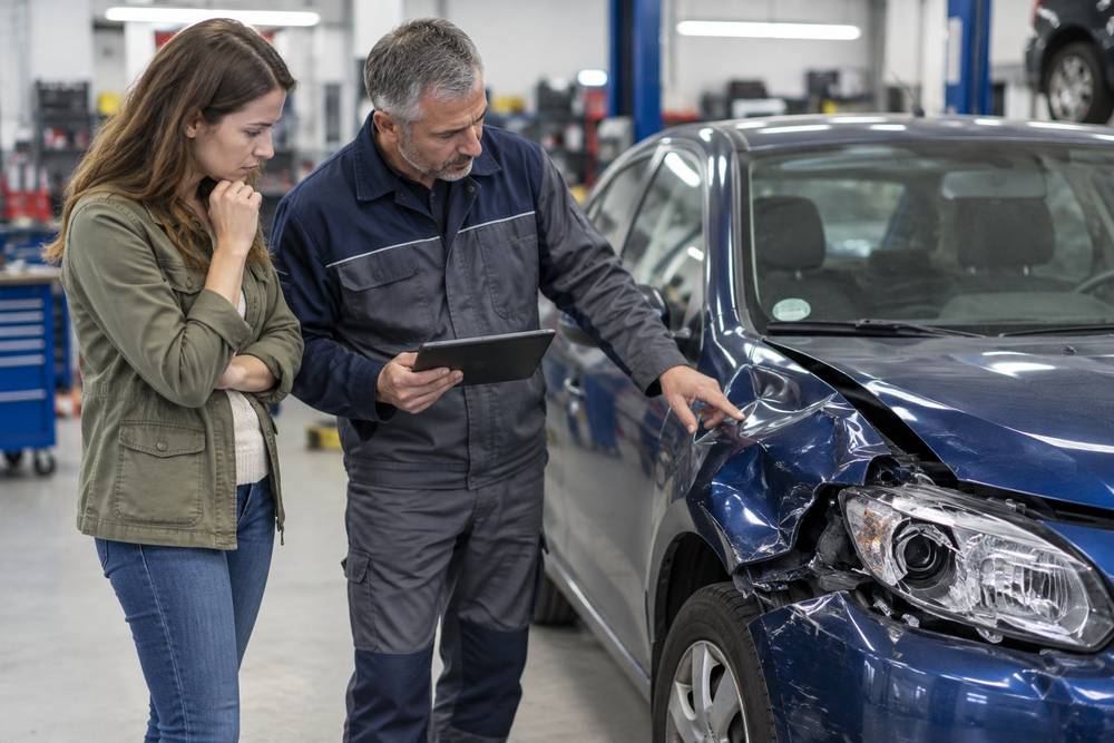 Dans un garage, un expert automobile tablette en main montre l'aile avant enfoncée et le phare cassé d'une citadine bleue à sa propriétaire, qui regarde les dégâts