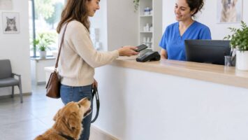 À l'accueil d'une clinique vétérinaire, une femme règle la consultation en approchant son smartphone du terminal de paiement, son chien roux en laisse à ses pieds, face à une assistante en blouse bleue