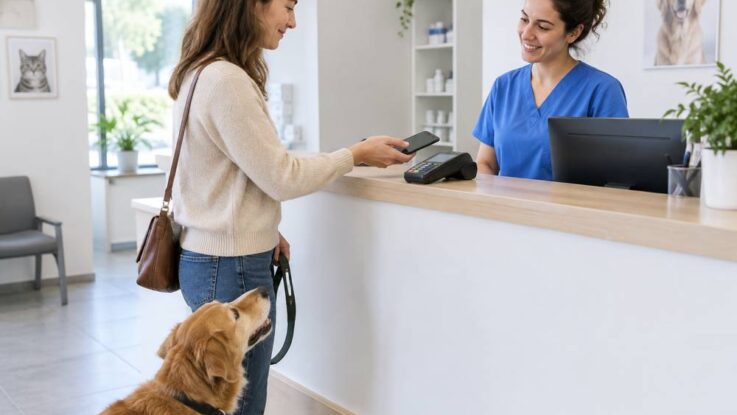 À l'accueil d'une clinique vétérinaire, une femme règle la consultation en approchant son smartphone du terminal de paiement, son chien roux en laisse à ses pieds, face à une assistante en blouse bleue